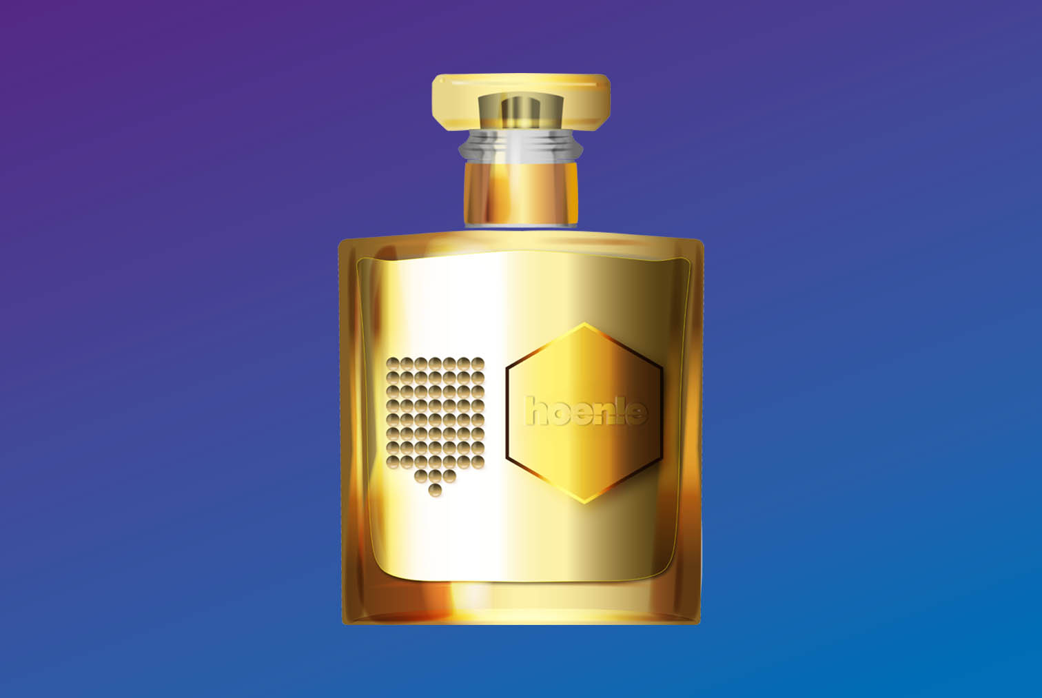 PARFUM Hoenle A golden flacon shows applications of adhesive to decorate the flacon, for example raised dots and the Hoenle logo.